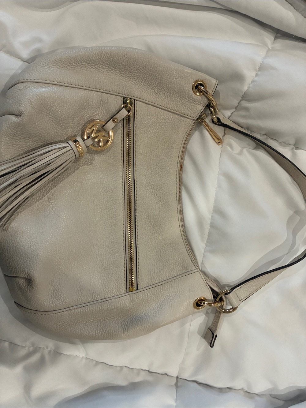 Michael Kors Cream Pebbled Leather Hobo with Tassel and Gold Hardware
